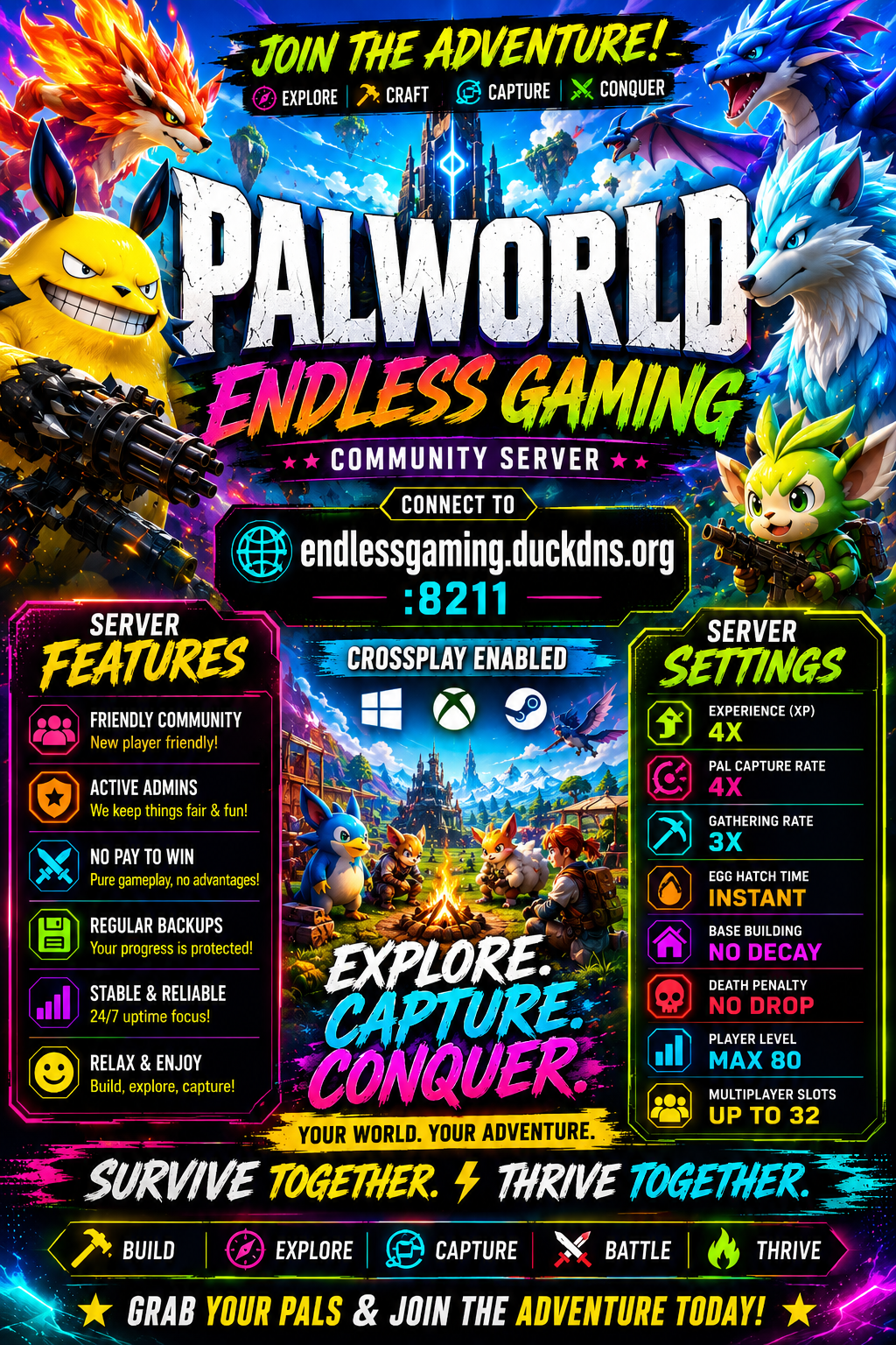 Endless Gaming Palworld community server flyer showing connection details, community features, crossplay support, and server settings